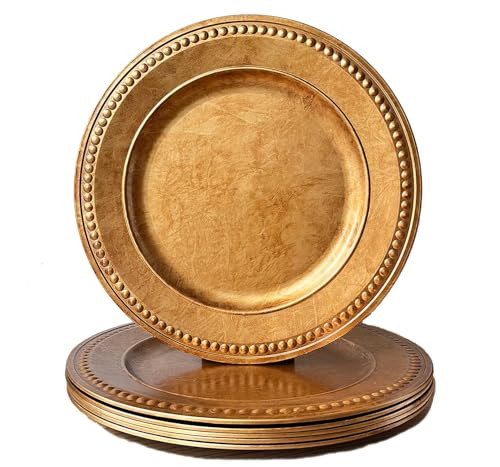 Umisriro Antique Gold Charger Plates,13 Inch Vintage Dinner Plate Chargers Round Server Ware.Set of 6 Plastic Beaded Chargers for Dinner Plates, Party, Wedding(Gold) | Amazon (US)