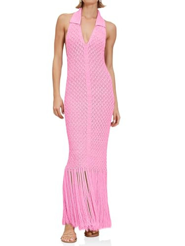 Saodimallsu Womens Halter Crochet Cover Up Fringe Sexy Backless Sleeveless V Neck Collared Vacati... | Amazon (US)