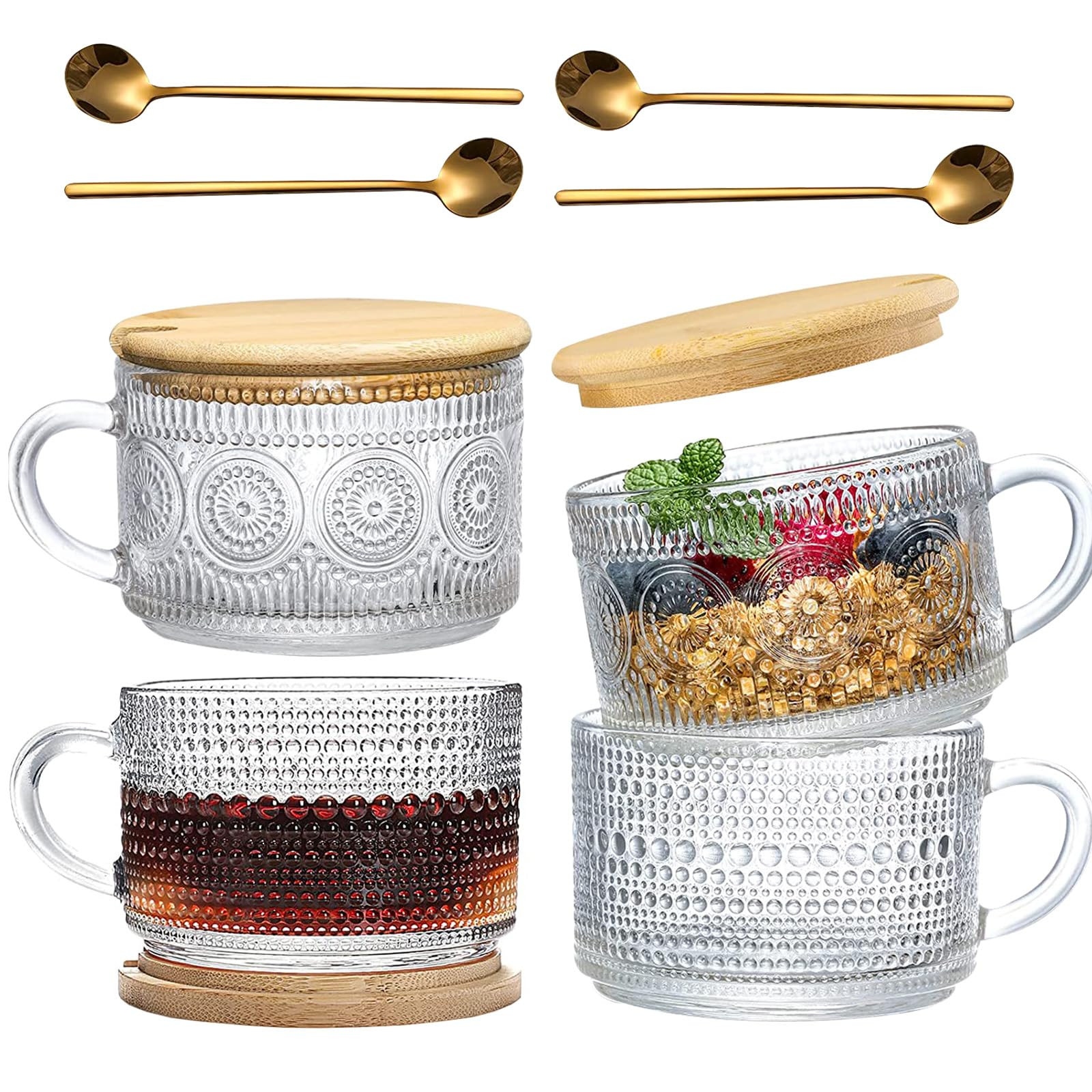 Vintage Coffee Mugs with Bamboo Lids and Spoons, 14oz Overnight Oats Containers, Cute Glass Cups,... | Amazon (CA)