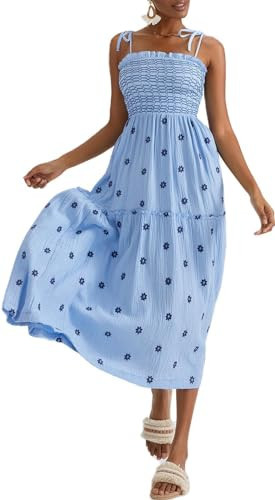 Floral Embroidered Dress for Women Boho Maxi Dress Sleeveless Tie Strap Sun Dress Smocked Summer Long Sundress with Pockets Sky Blue | Amazon (US)
