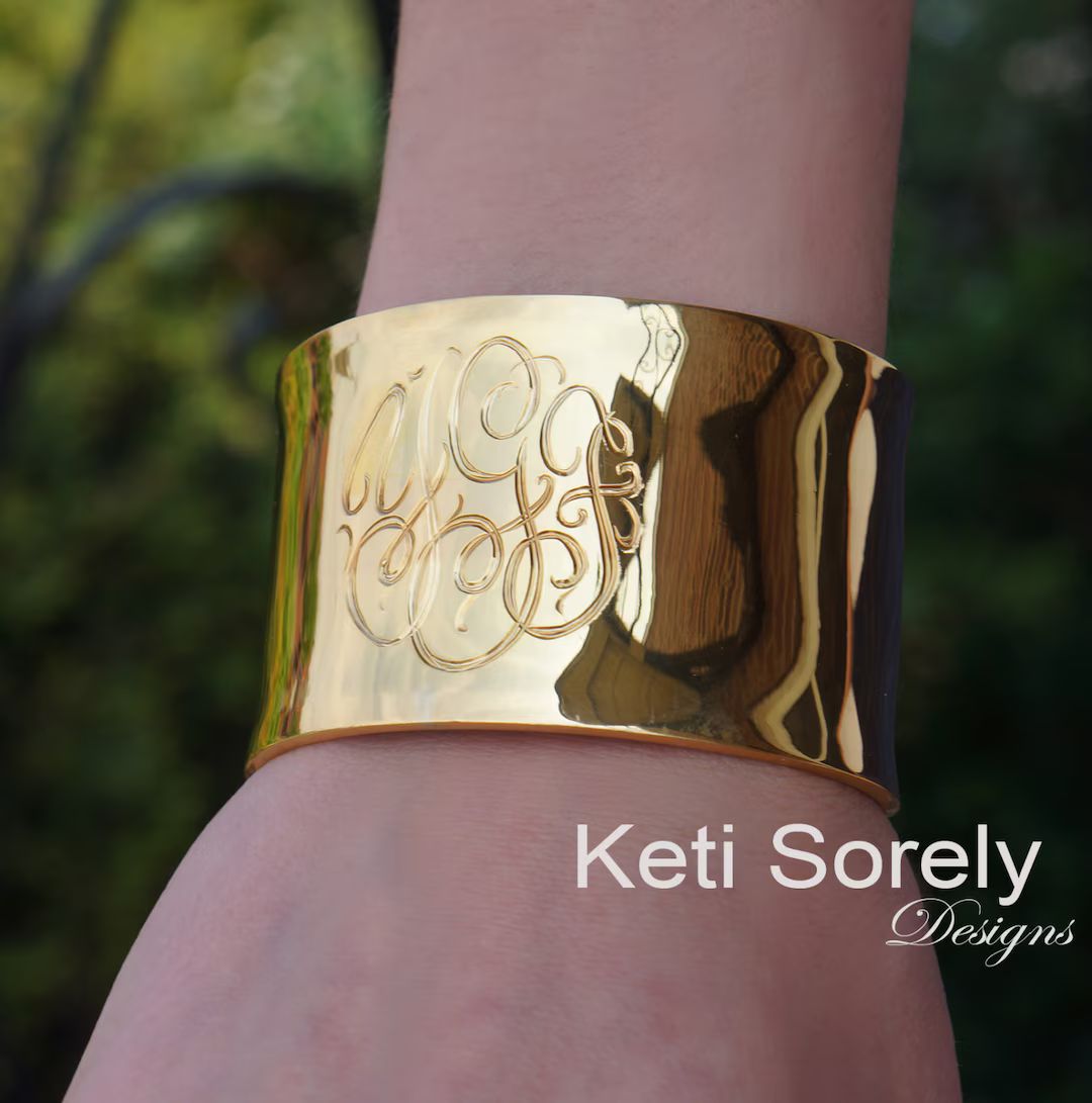Monogrammed Cuff Bangle With Personalized Initials in Sterling Silver, Yellow Gold or Rose Gold -... | Etsy (US)