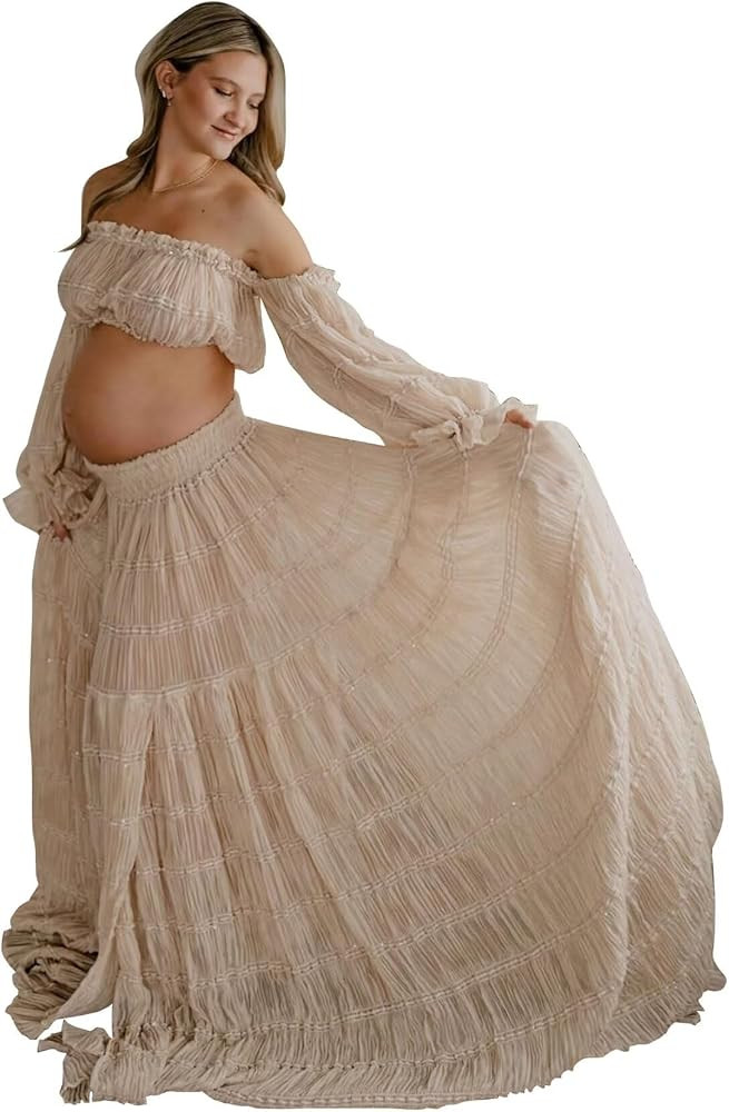 SHSUREVE 2 Piece Maternity Dresses for Photoshoot Off Shoulder Boho Pregnancy Gowns Baby Shower D... | Amazon (US)