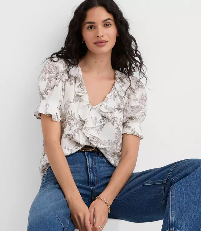 Floral Toile Pintucked Ruffle Blouse | LOFT