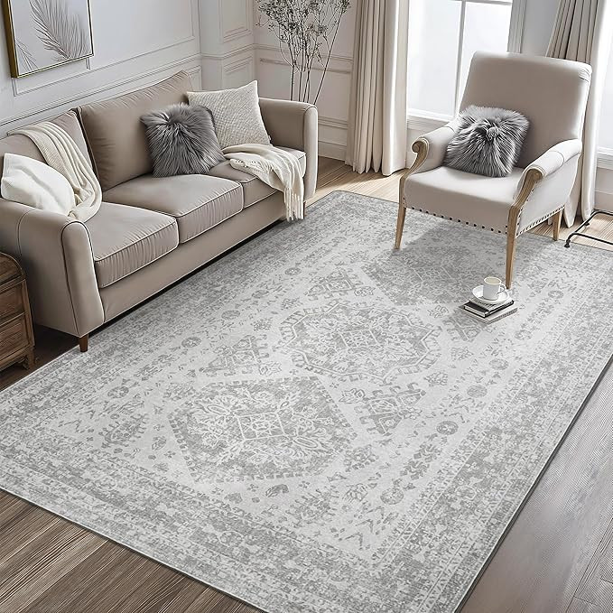6X9 Area Rugs Machine Washable Rug for Living Room Bedroom, Vintage Distressed Print Grey Floral ... | Amazon (US)