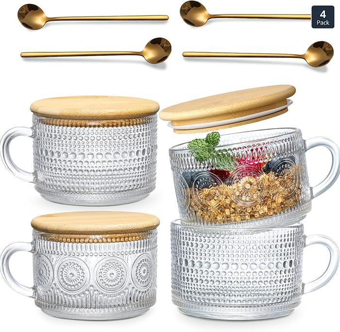 4pcs Set Vintage Coffee Mugs gifts for women, Overnight Oats Containers with Bamboo Lids and Spoo... | Amazon (US)