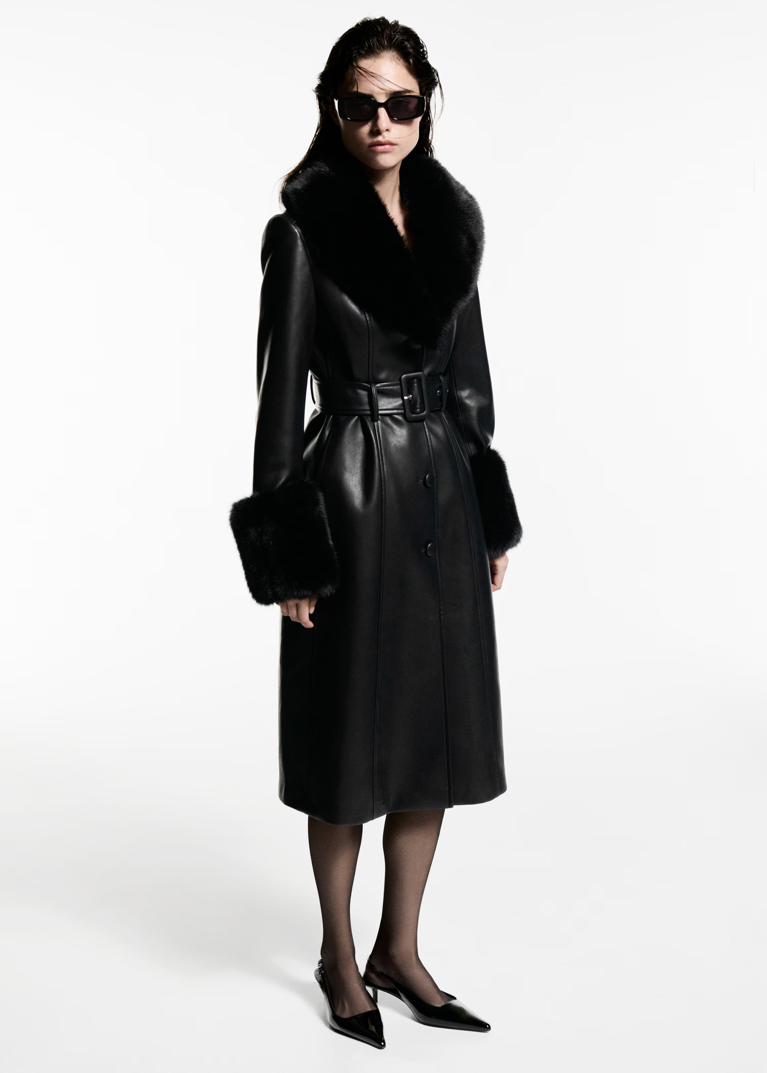Leather-effect coat with fur-effect trim - Women | MANGO USA | Mango (US/MX/AU)