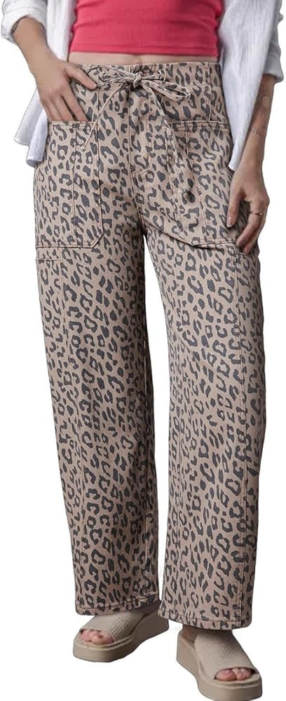 yoeasy Womens Leopard Print Barrel Jeans Baggy Elastic Drawstring Loose Wide Leg Denim Pants Tren... | Amazon (US)