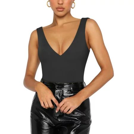REORIA Women’s Tank Bodysuit Sexy Deep V Neck Sleeveless Tops Black S-2XL | Walmart (US)