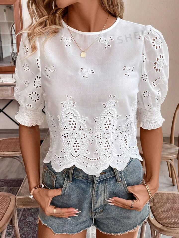 SHEIN Frenchy Summer Vacation Wedding Burnout Floral Embroidery Short Puff Sleeve Shirt, White Es... | SHEIN