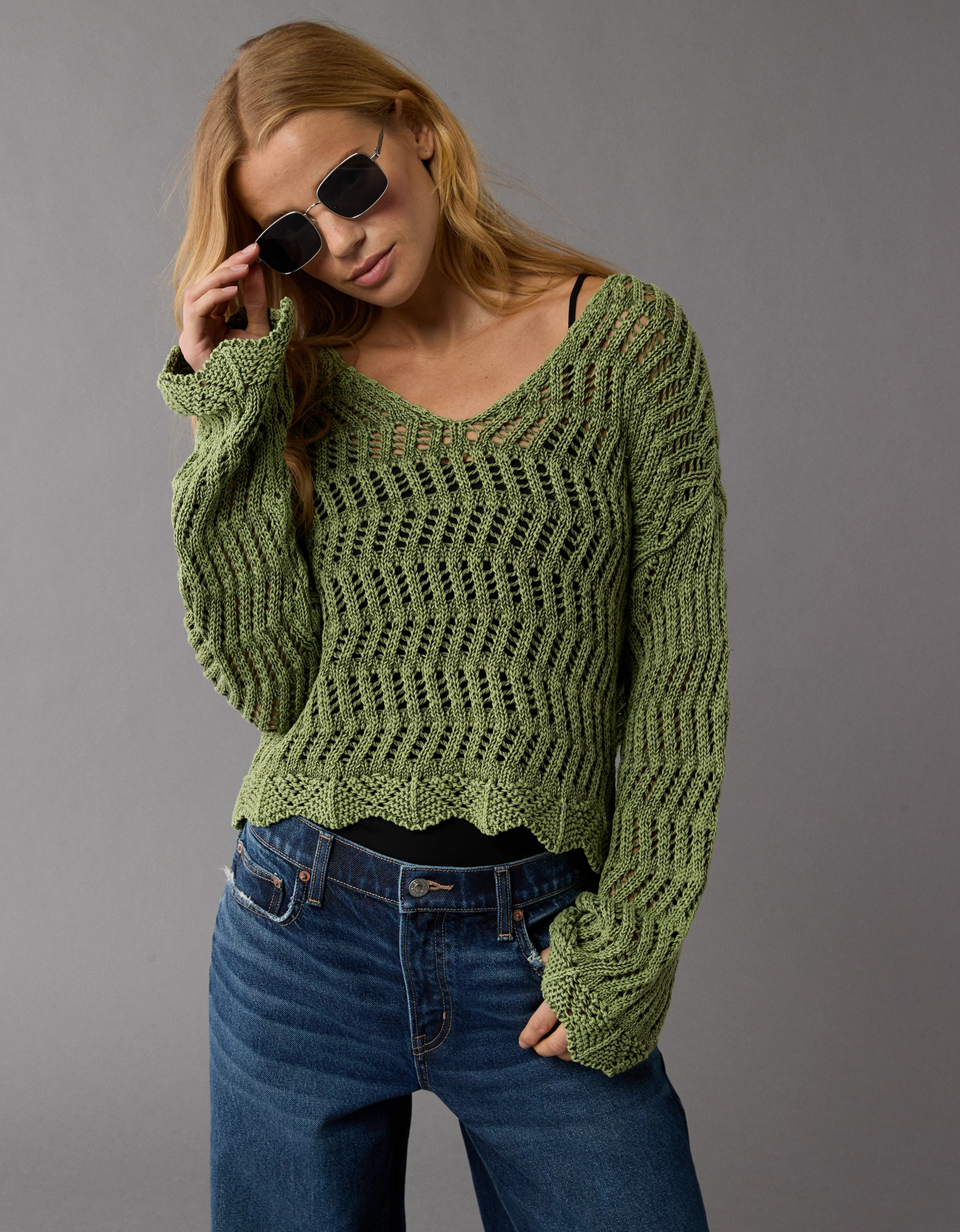 AE Crochet V-Neck Sweater | American Eagle Outfitters (US & CA)
