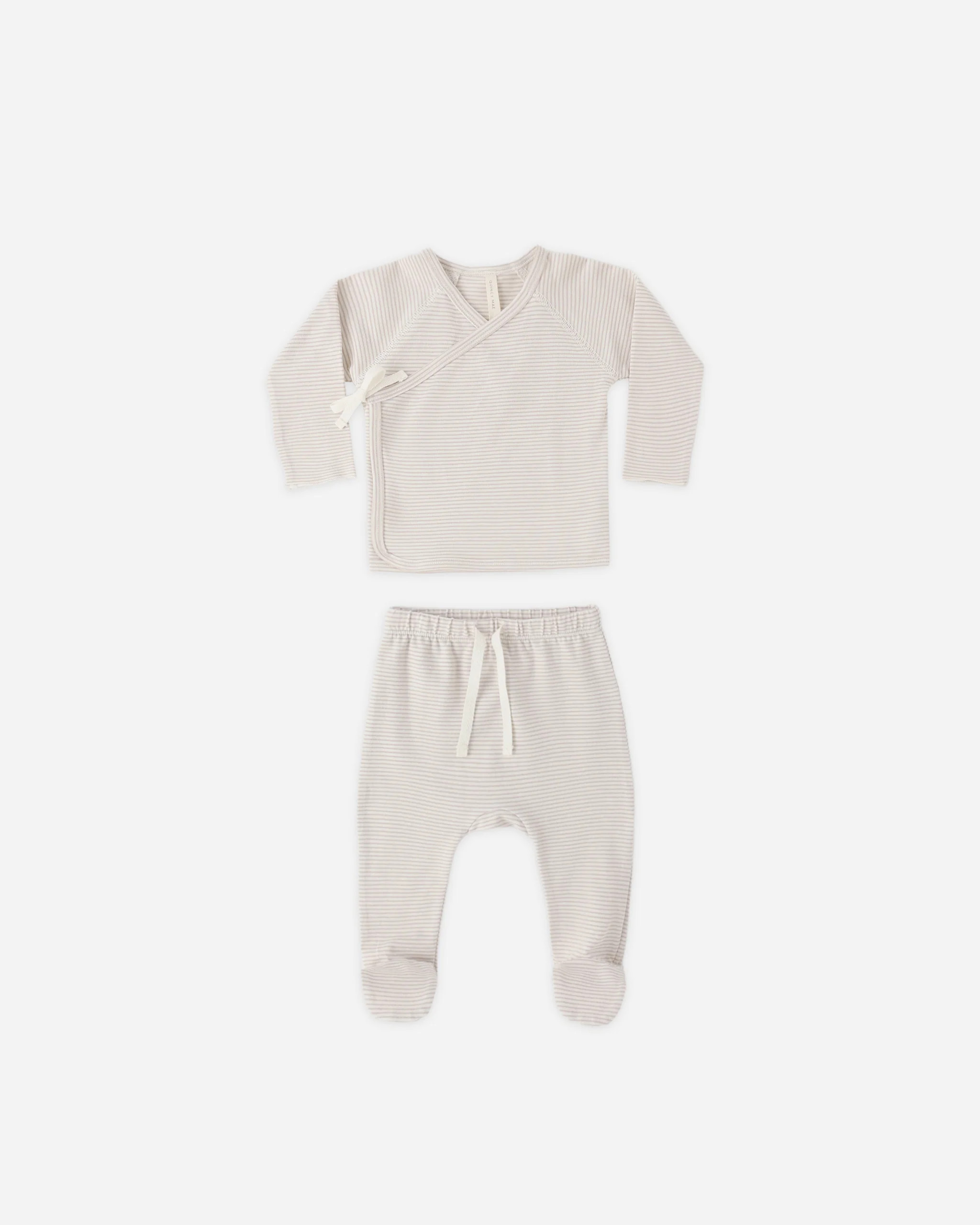 Wrap Top + Footed Pant Set Oat Micro Stripe | Rylee + Cru