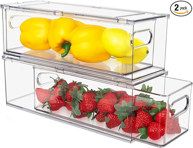 Abiudeng 2 Pack Stackable Refrigerator Organizer Bins with Pull-out Drawer, Drawable Clear Fridge... | Amazon (US)