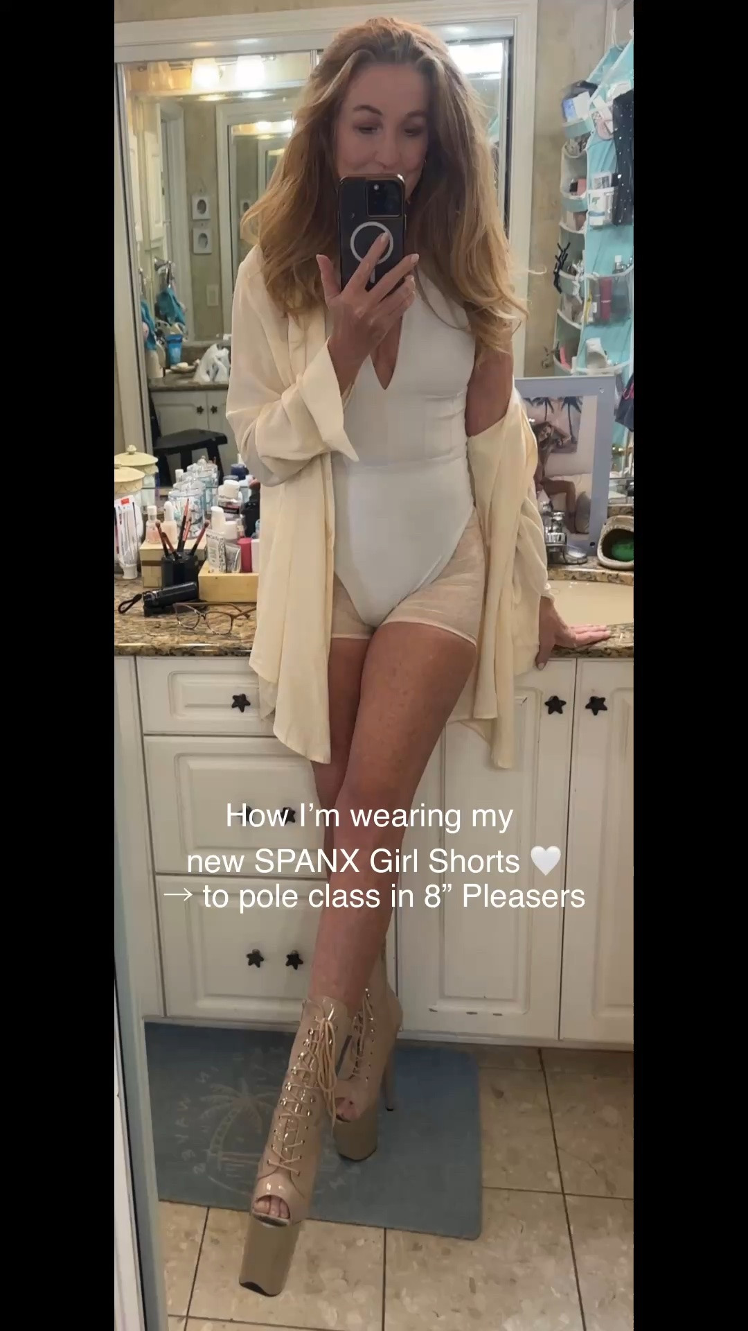 Trying my new @Spanx Girl Shorts a little differently 🤍 

Wore them to pole class with my white bodysuit, sheer cream button-down, and 8” Pleasers. Love how the lace detail peeks through.

#SPANX #SPANXGirlShorts #LaceShorts #Shapewear #PoleOutfit #PoleDance #DanceOutfit #WhiteBodysuit #PleaserHeels #OutfitInspo

#LTKootd #LTKActive #LTKOver40