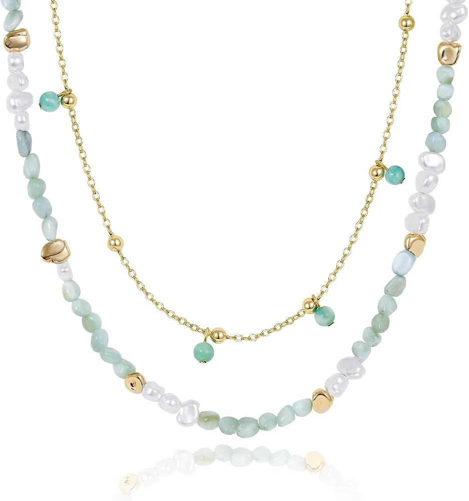 KissYan Beaded Necklaces for Women, 14k Gold Plated Layered Pendant Necklace with Link Chain, Boh... | Amazon (US)