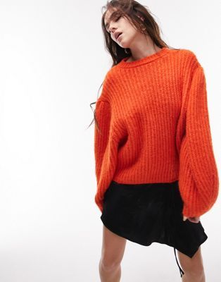Topshop knit volume sleeve fluffy sweater in orange | ASOS (Global)