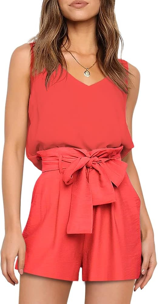 FANCYINN Womens 2 Piece Outfits Short Set Sleeveless V Neck Wide Strap Tank Tops Cropped Paper Ba... | Amazon (US)