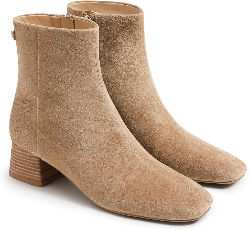 Coutgo Womens Ankle Boots Chunky Low Heel Square Toe Booties Side Zipper Winter Dress Shoes | Amazon (US)