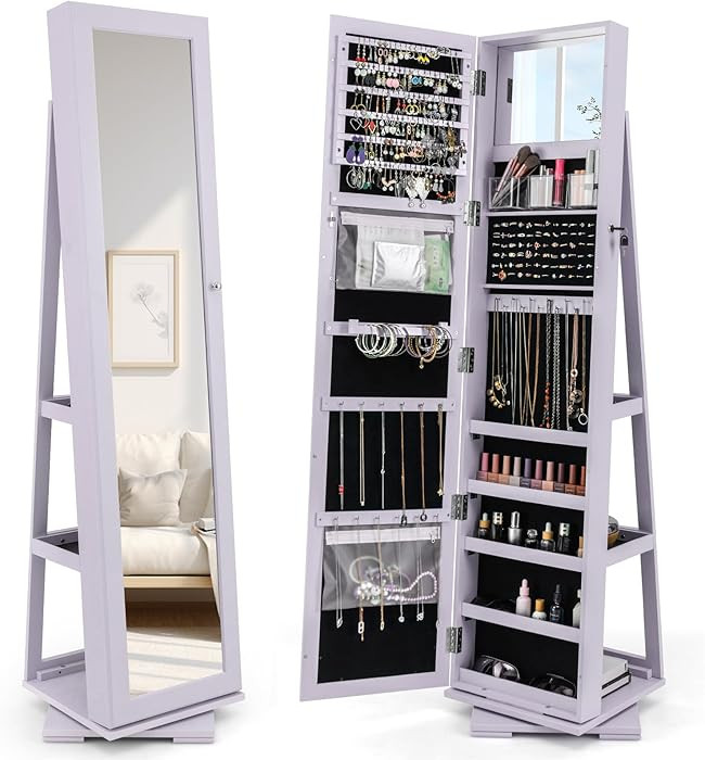 CHARMAID 360° Swivel Jewelry Armoire with Full Length Mirror, Standing Lockable Jewelry Cabinet ... | Amazon (US)