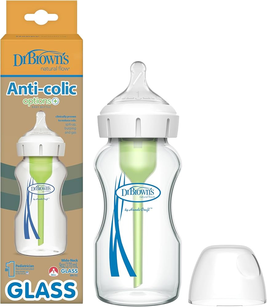 Dr. Brown's Natural Flow Anti-Colic Options+ Wide-Neck Glass Baby Bottle 9 oz/270 mL,with Level 1... | Amazon (US)