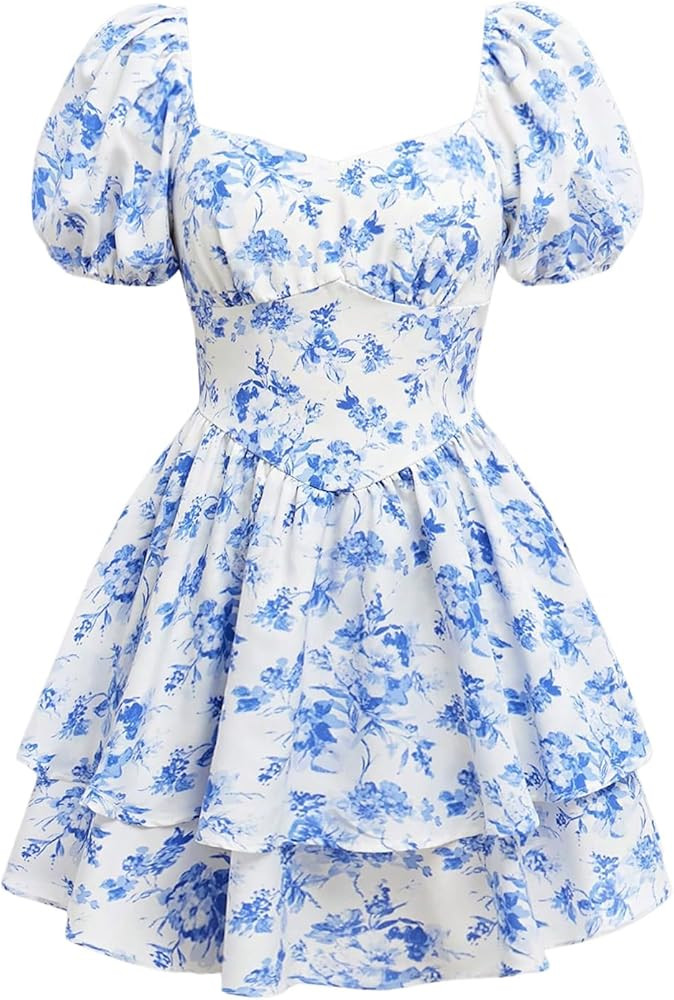 RoseSeek Girl's Floral Summer Dress Layer Ruffle Sweetheart Neck Short Puff Sleeve A Line Casual ... | Amazon (US)