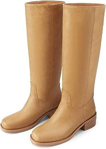 Women's Banana Knee High Boots Square Toe Chunky Block Heel Comfortable Low Heel Pull on Wide Cal... | Amazon (US)