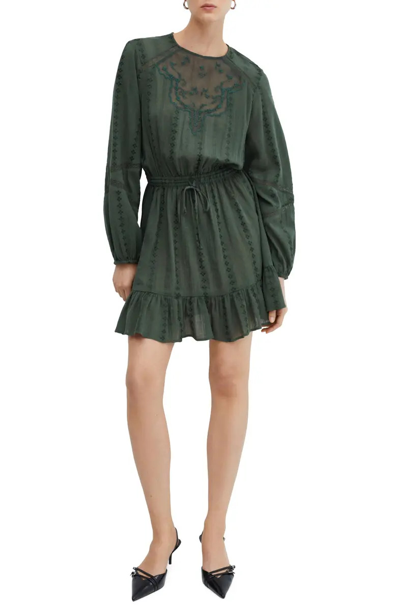 Embroidered Tie Waist Puff Long Sleeve Minidress | Nordstrom