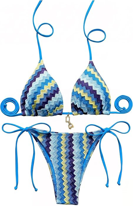 GORGLITTER Women's Crochet Thong Bikini Sets Colorful Halter Triangle Tie Side Bathing Suits | Amazon (US)