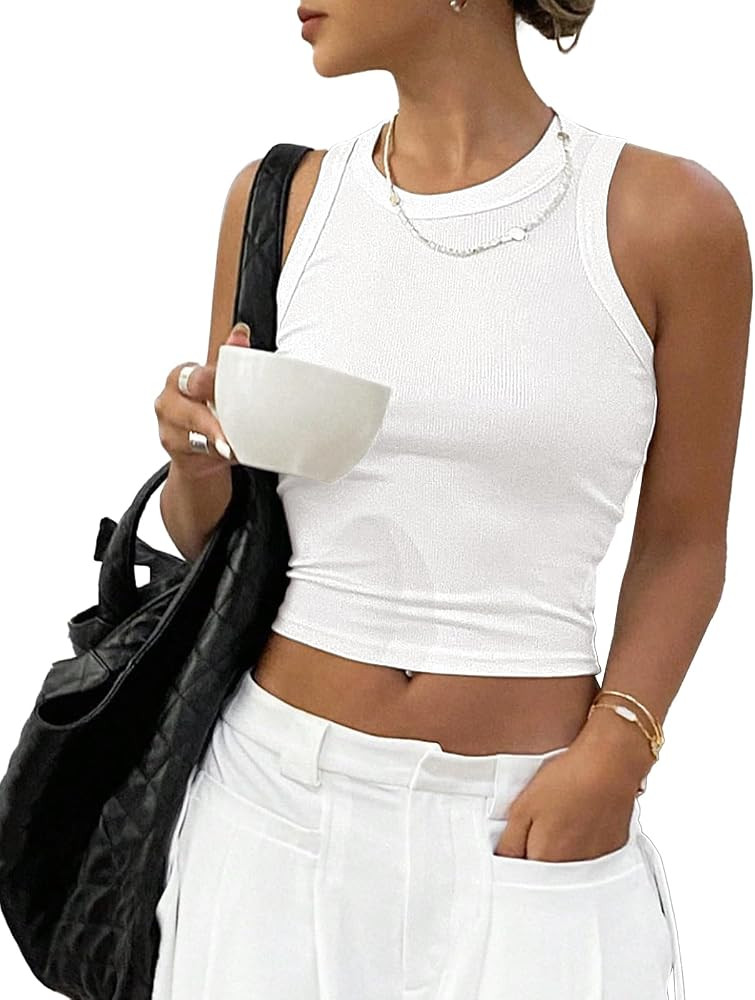 RIROW Tank Tops Women Ribbed Crop Summer Cropped Sleeveless White Basic Fitted Crew Neck Ladies T... | Amazon (CA)
