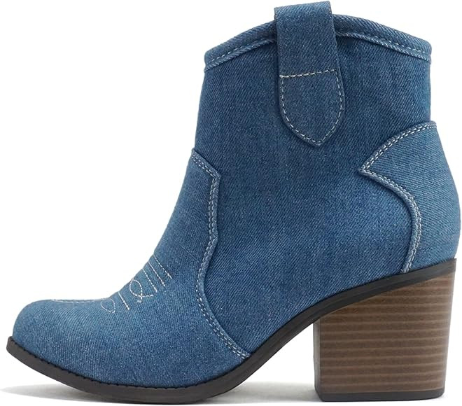 Soda “TELLER” ~ Women Western Stitched Pointed Toe Low Block Heel Ankle Boot | Amazon (US)