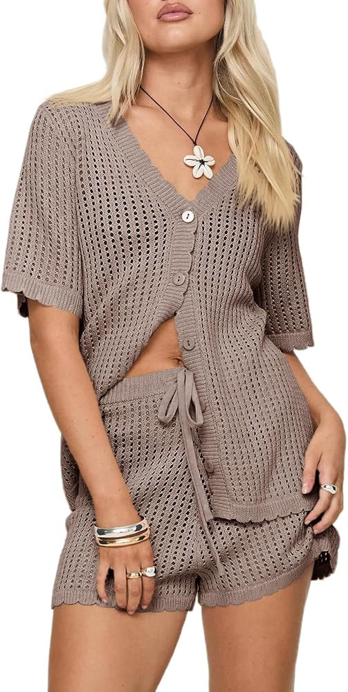 Saodimallsu Womens Crochet Swimsuit Coverup Sets Short Sleeve V Neck Button Tops Drawstring Short... | Amazon (US)