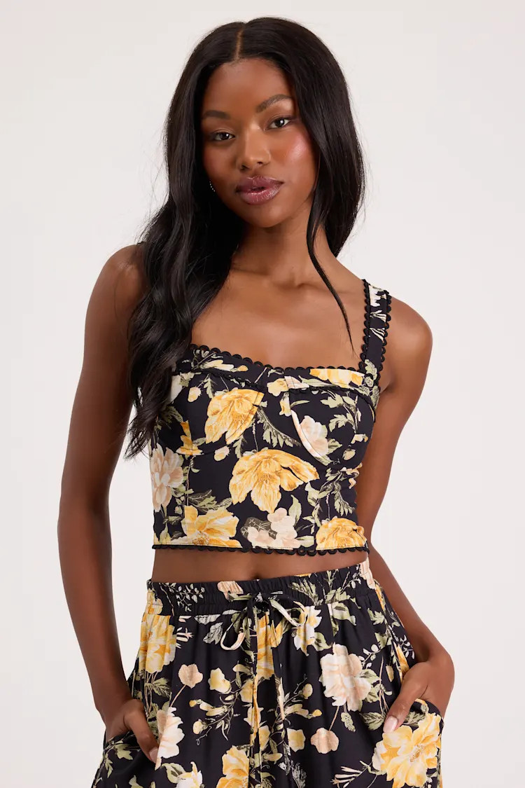 Taelyn Black Multi Floral Bustier Tank Top | Lulus