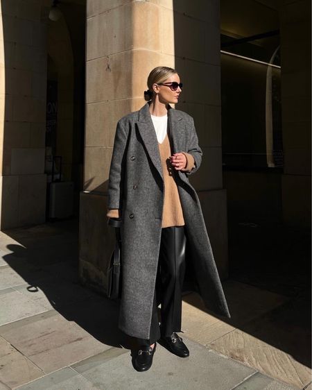 Autumn winter style, new in season , AW22, minimal outfit inspiration, grey wool blend coat, leather trousers, camel v neck jumper, black loafers 

#LTKSeasonal #LTKeurope #LTKstyletip