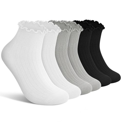 wernies Ruffle Socks Womens 6 Pairs，Cute Ankle Lettuce Edge Frilly Athletic Crew Socks 5-8.5 Black White Gray | Amazon (US)