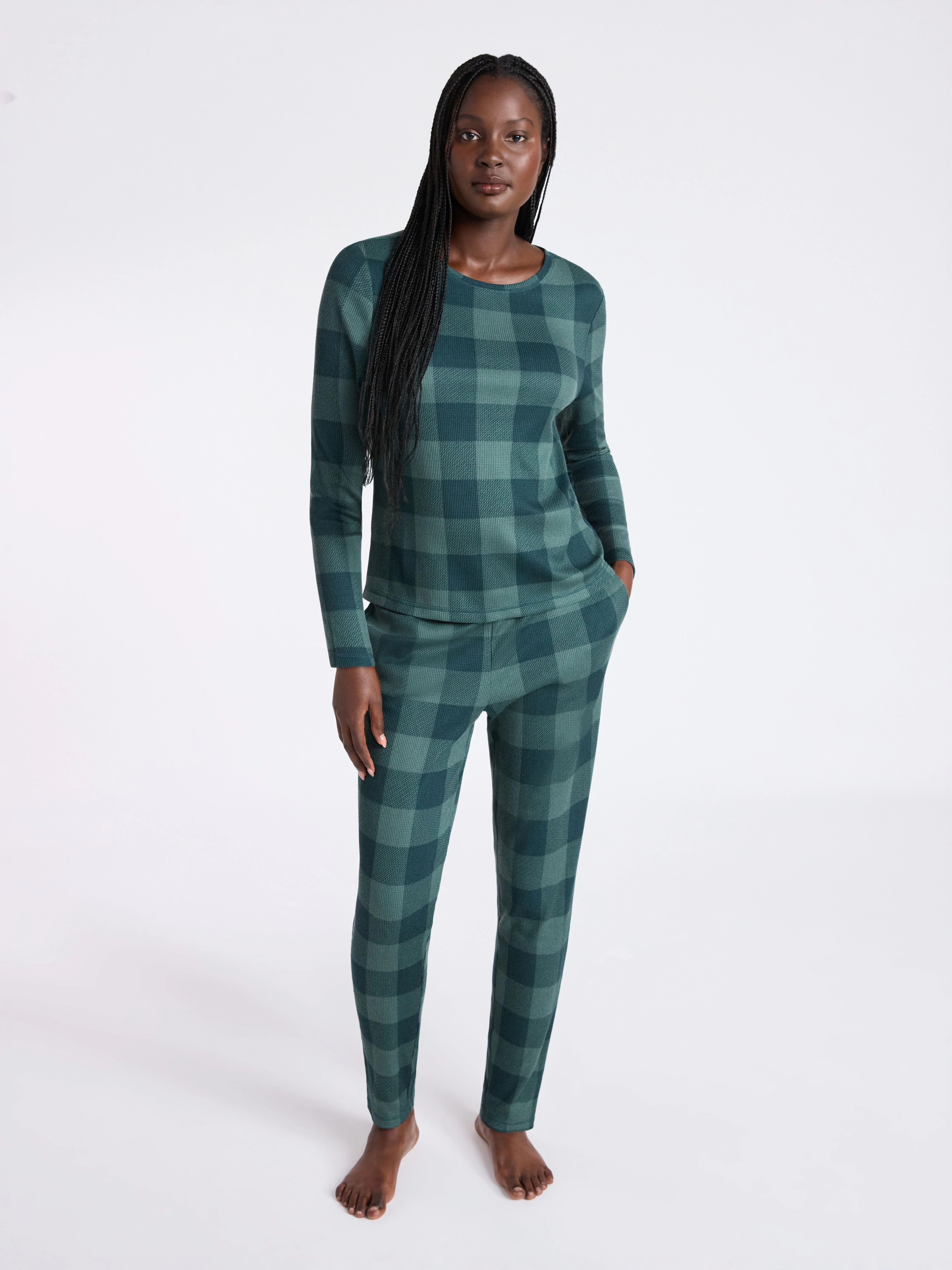 Joyspun Women's Waffle Knit Long Sleeve Top and Joggers Pajama Set, 2-Piece, Sizes S-3X | Walmart (US)