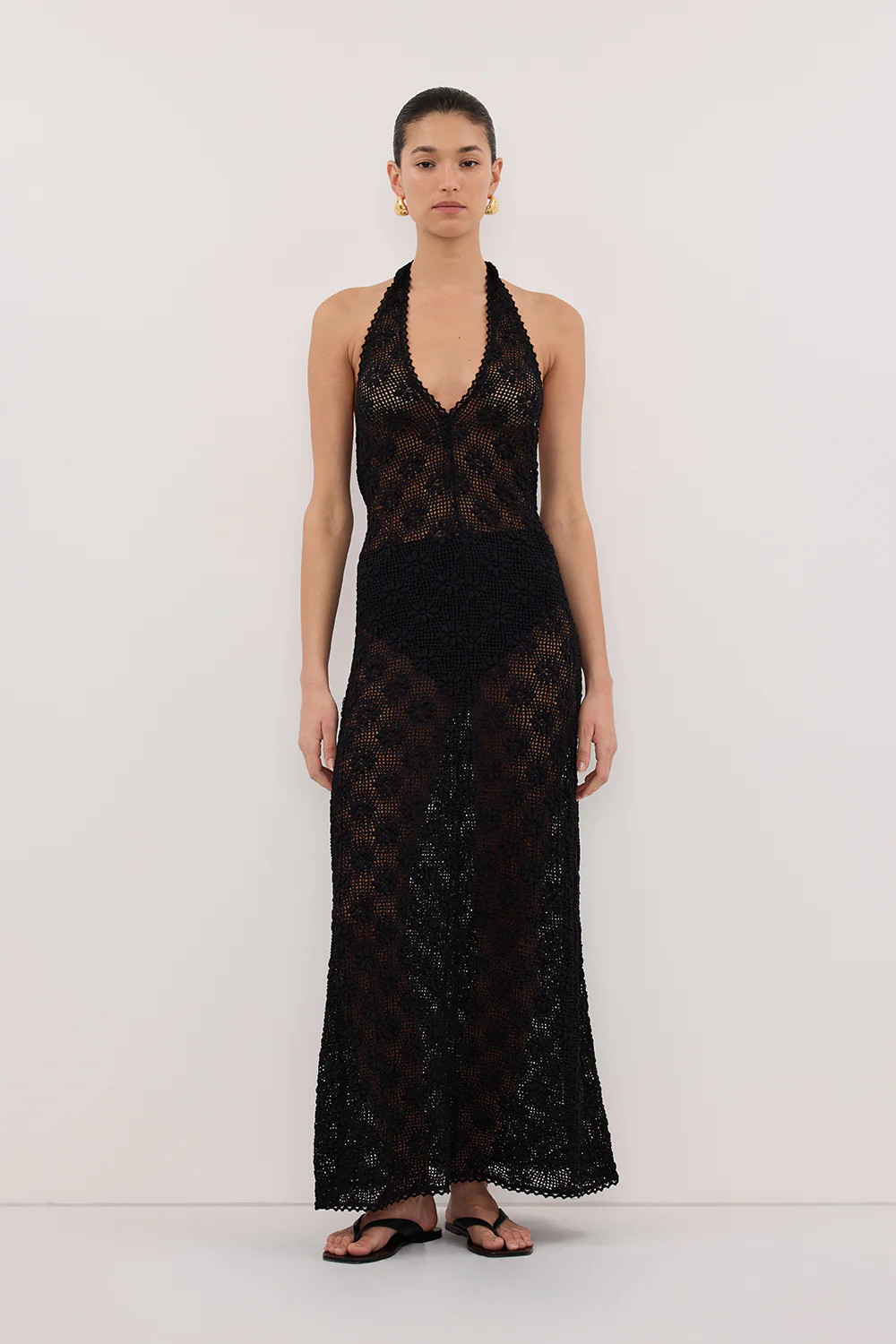 AGNES BLACK CROCHET HALTER MIDI DRESS | DISSH
