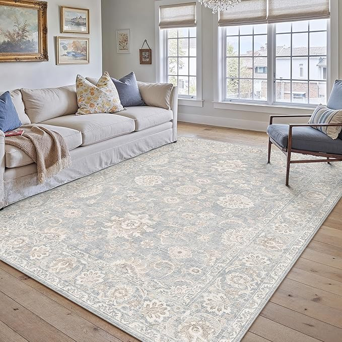 5x7 Blue Cream Washable Area Rug for Living Room Bedroom Neutral Floral Soft Non Slip Rug Low Pil... | Amazon (US)