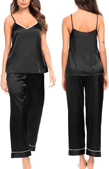 SWOMOG Womens Silk Satin Pajamas Set Two-Piece Pj Sets Cami Top and Capris Pants Sleepwear | Amazon (US)