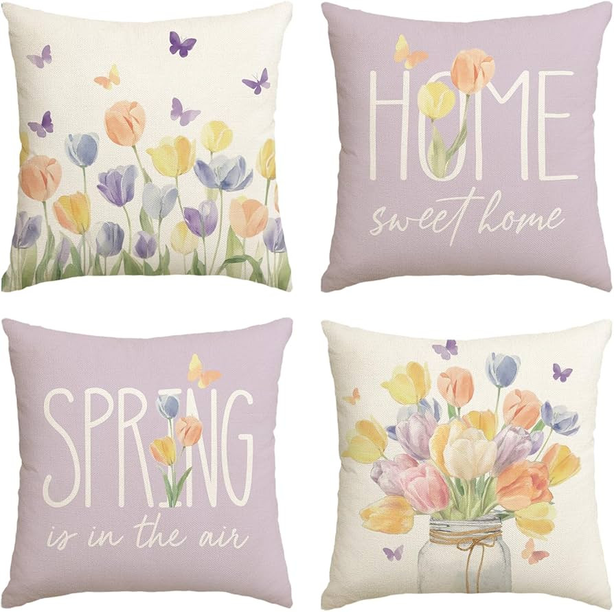 Artoid Mode Lila Schmetterlinge Tulpen Vase Frühling Kissenbezüge 4er Set, 45x45 cm Home Sweet ... | Amazon (DE)