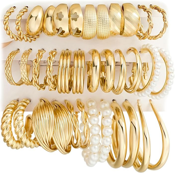 18 Pairs Gold Hoop Earrings for Women, Chunky Statement Hoops Set | Amazon (US)