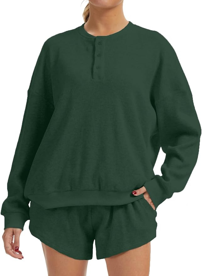 AnotherChill Women's Oversized Waffle Knit Lounge Set Long Sleeve Sweatshirt and High Waisted Sho... | Amazon (US)