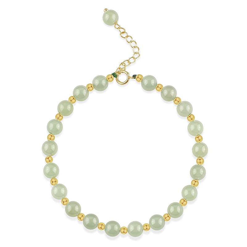 Hetian Jade Bracelet Gold 6mm Round Light Green Bead Charm Bracelet Lucky Chain Jewelry Birthday ... | Amazon (US)