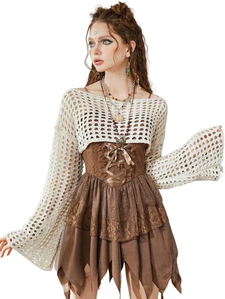 WDIRARA Women's Crochet Crop Tops Shrugs Y2k Hollow Out Sweater Knit Crochet Long Sleeve Crop Top... | Amazon (US)