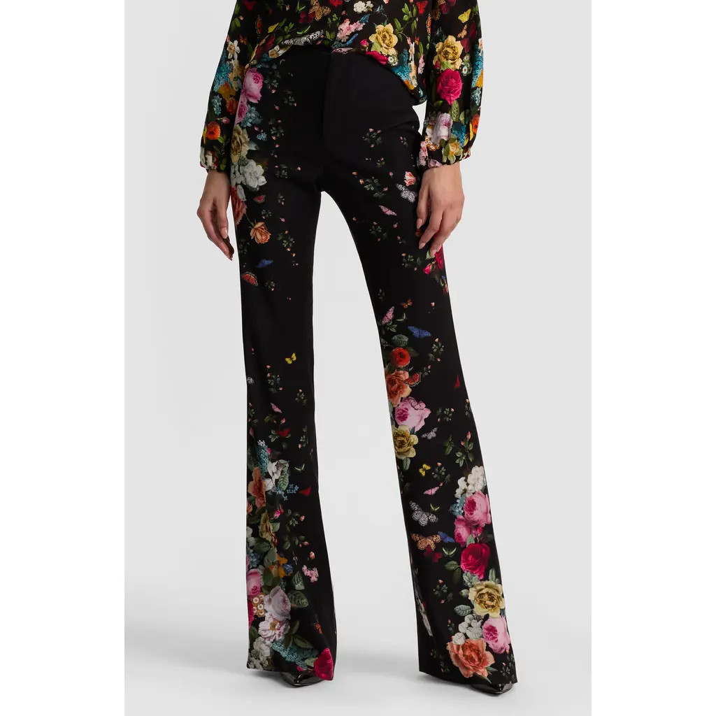 Alice + Olivia Teeny Floral Fit & Flare Bootcut Pants in Solar Strength Black at Nordstrom, Size 10 | Nordstrom