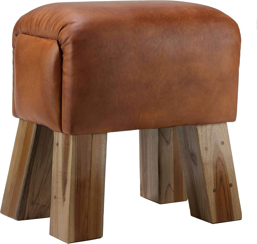 Bare Decor Gorgie Accent Stool in Brown Genuine Leather with Teak Legs Small | Amazon (US)