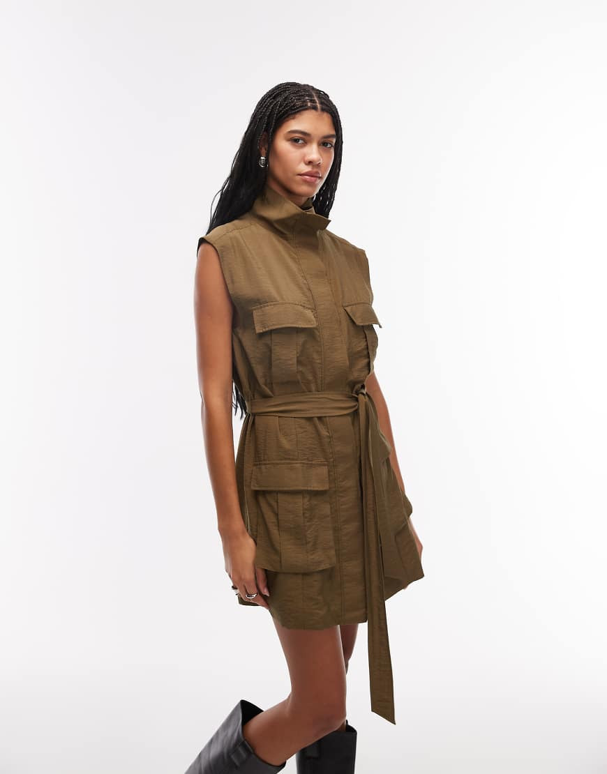 ASOS DESIGN utility style mini dress with tie waist in deep olive-Green | ASOS (Global)