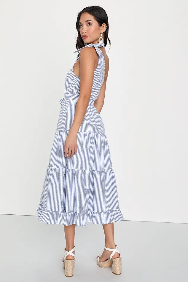 Gleeful Getaway Blue and White Striped One-Shoulder Midi Dress | Lulus