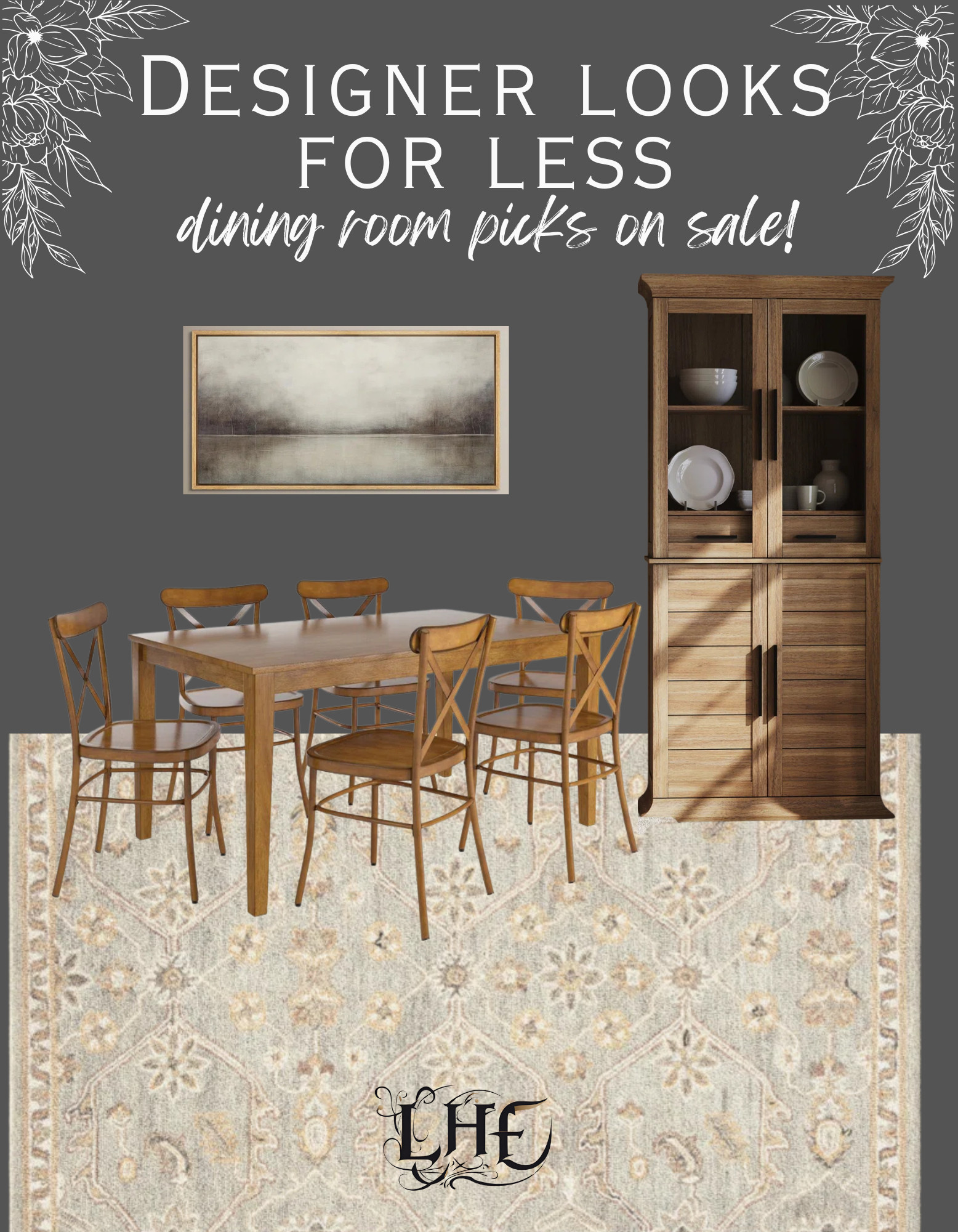 Dining room designer inspired finds without the designer price! Shop by clicking the thumbnails below! Dining room, farmhouse dining room, modern farmhouse dining room, dining room table set, dining room set, cabinet, dining room cabinet, curio cabinet, wall art, moody wall art, storage cabinet, pantry cabinet, dining room rug, area rug, farmhouse rug, rug, rug dining room, rug living room, rug bedroom 

 #LTKHome #LTKSaleAlert #LTKStyleTip