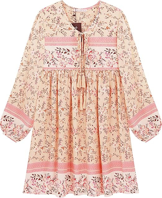 R.Vivimos Womens Long Sleeve Floral Casual Print Cotton Mini Tunic Dress | Amazon (US)