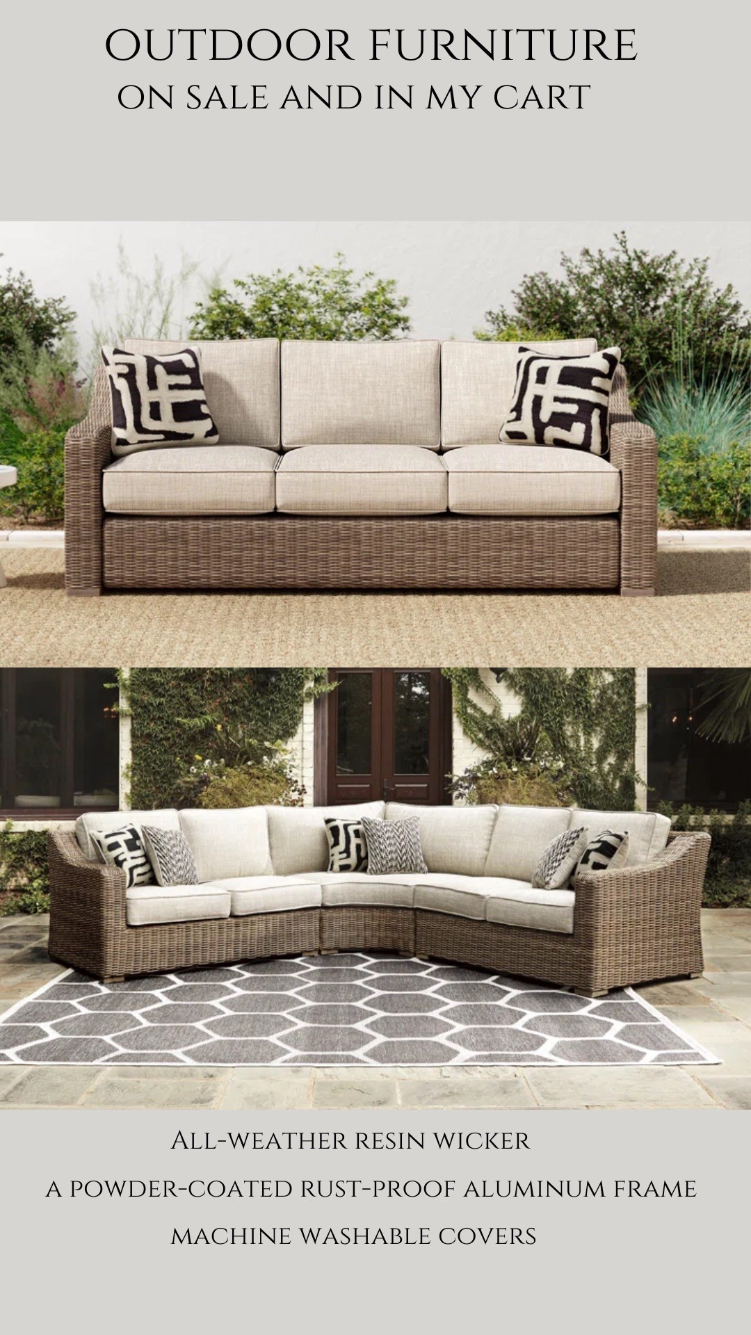 Love the shape and color of these sofas!  They are made with stain and fade resistant fabric, and the cushion covers are machine washable! I also love that it is all weather, resin wicker with a powder coated, rust proof, aluminum frame!  In my cart and measuring spaces currently!

#LTKSaleAlert #LTKFamily #LTKHome