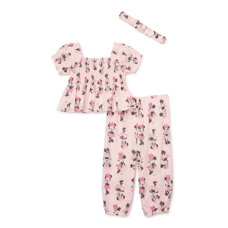 Minnie Mouse Baby Girl Smocked Top and Pants Outfit Set with Headband, Sizes 0/3M-24M | Walmart (US)